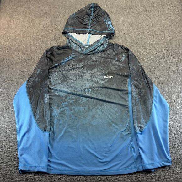 Habit Mens UPF 40+ UV Protection Hooded Performance Shirt Blue Camo 2XL Fishing - Picture 1 of 10